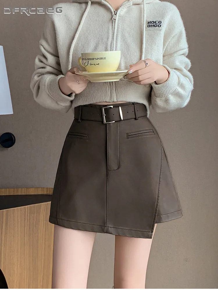 

High Waist Vintage Irregular Woman Shorts Skirts With Belt Autumn Winter Streetwear Sexy Slim Mini A-Line Pu Leather Skirt Lady