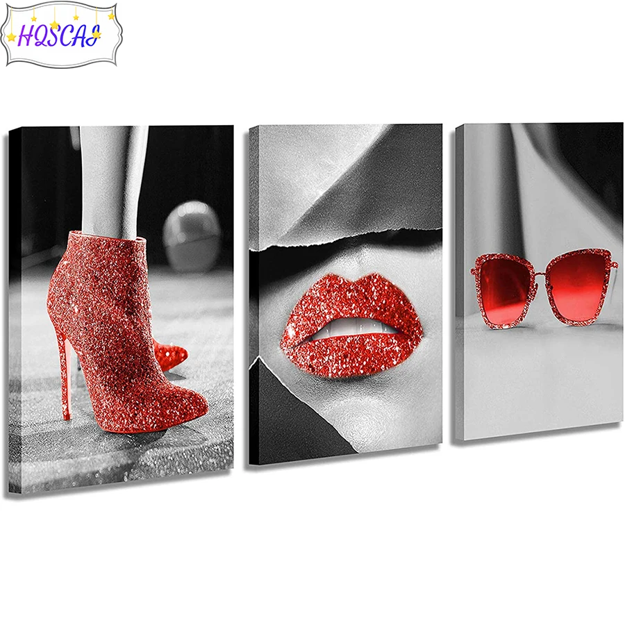 

3pcs Sexy red lips, high heels Diamond embroidery full drill Square Diamond painting diamond painting Cross Stitch Rhinestone