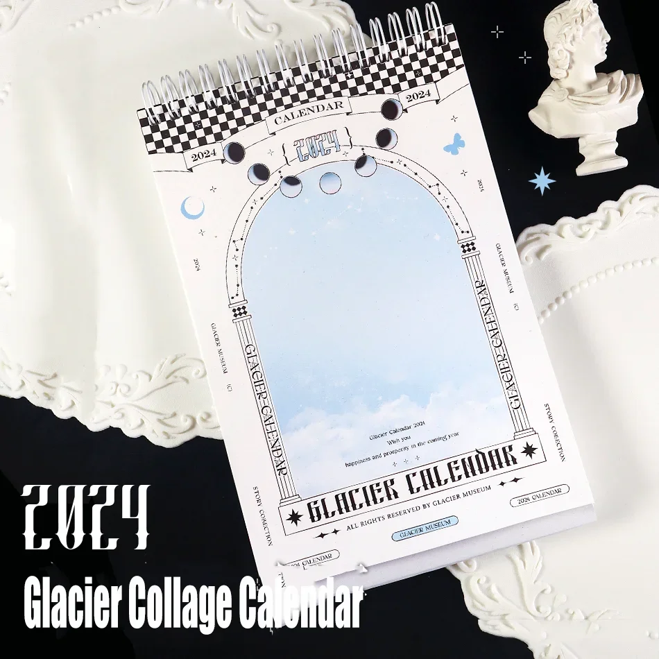 

2024 Glacier Collage Desk Calendar Vintage Goo Card Decor Calendar Creative DIY Journal Collage Decor Stationery