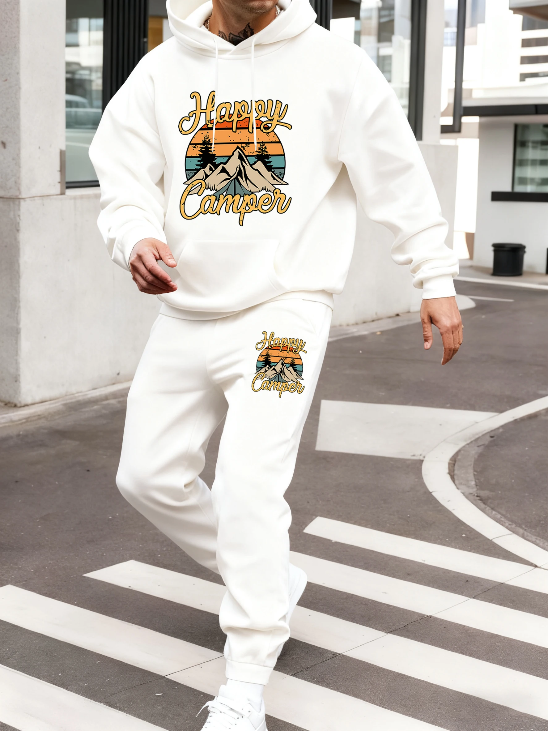 ハッピーキャンパーマウンテンプリントメンズパーカーセットカジュアルスポーツスウェットシャツ秋フリースマンストリートウェアポケットジョギングスウェットパンツ