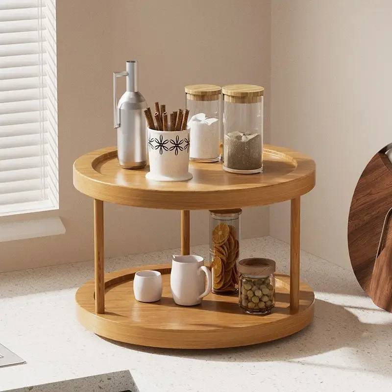 Bamboo Turntable Seasoning Boxes Organizer,2 Tier Spice Rack,Kitchen Rotatable Shelf for Kitchen Countertop Cabinet Pantry Home