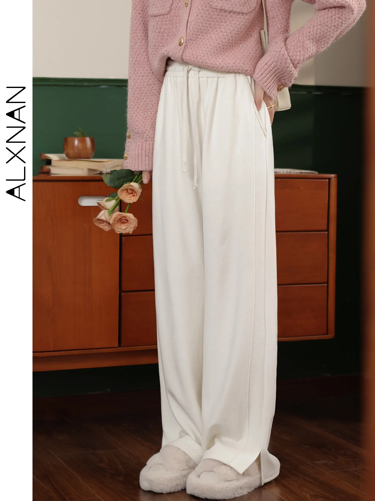 

ALXNAN Women's Wide-leg Pants Casual Straight Basics Elastic Waist Drawstring Split Hem Baggy Pants 2025 Fall Trousers LXN32716