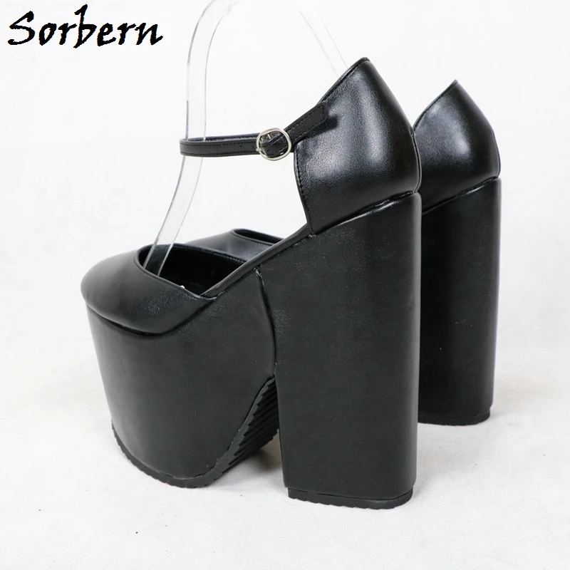 Sorbern 16Cm Block High Heel Women Pumps Mary Jane Ankle Strap Buckles Thick Platform Comfortable Summer Shoes Round Toe