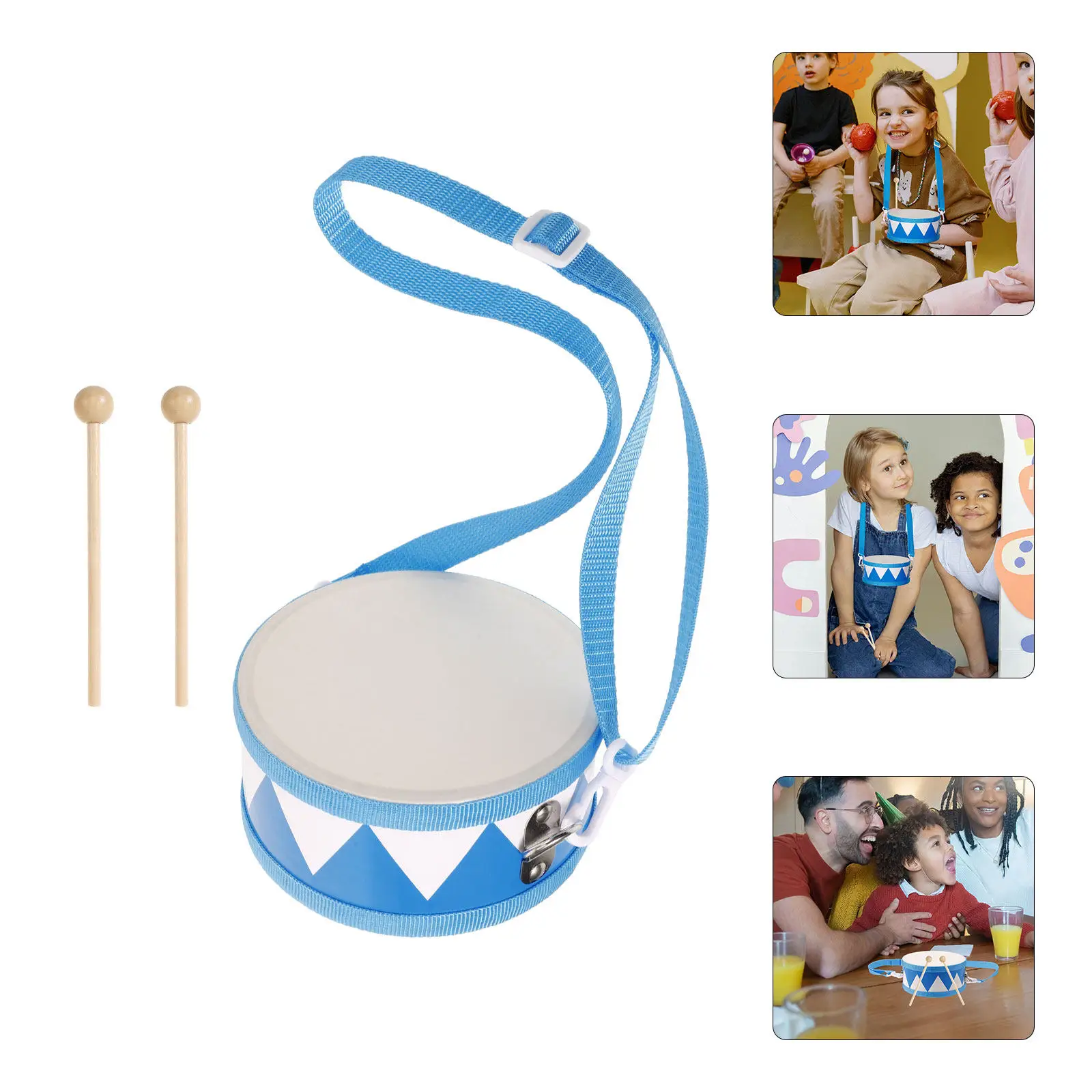 1Set Dual-Sided Wooden Hand Drum for with Realistic Sheepskin Texture Blue Design Mallet Kit Rhythm Learning Music