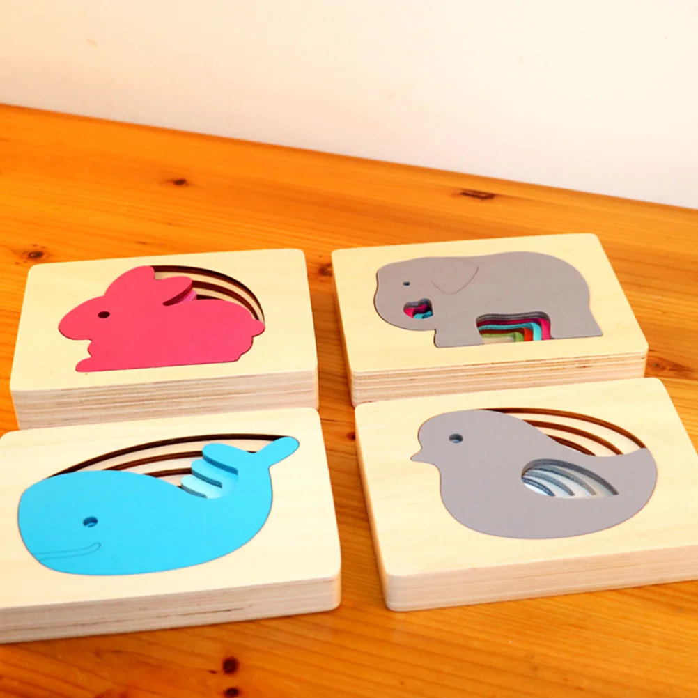 

Wooden Puzzles for Kids Color Shape Size Differentiation Skills Cartoon Animals Design Smooth Polished Material Intellectual