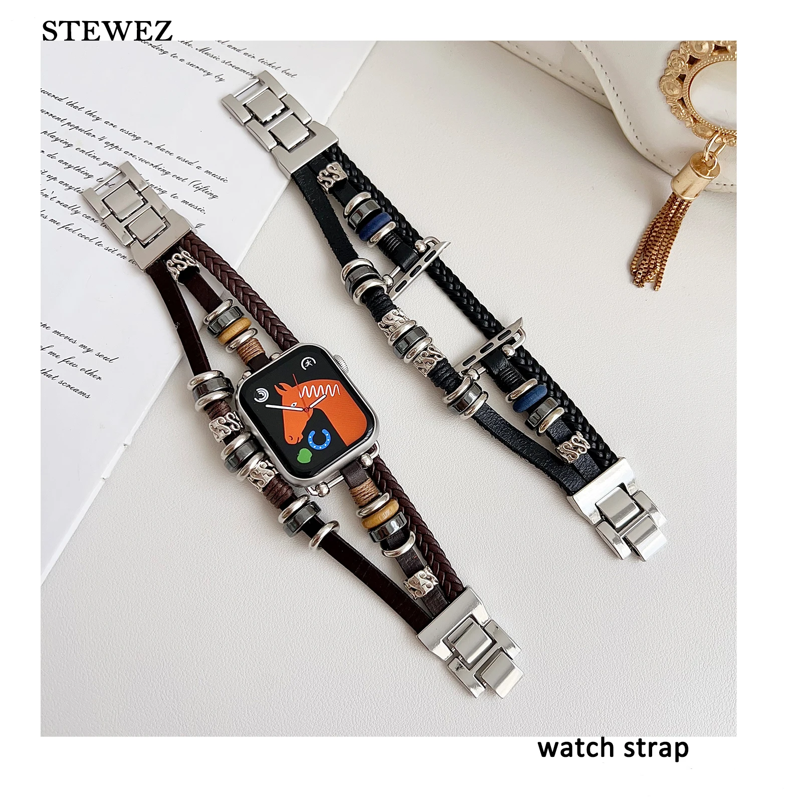 

Ремешок стальной для Apple Watch Band 38 40 41 44 4245 мм, кожаный браслет в стиле бохо с бусинами для iWatch Series 876 SE 5 4, женский браслет из нержавеющей стали