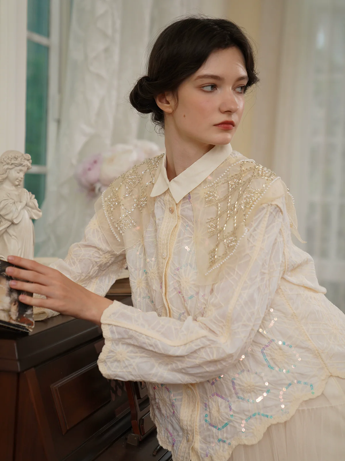 

Spring Summer Women Handmade Sparkly Fish Scale Plaid, Elegant and Fresh Young Professionals, Cotton Top Shirts/Blouses