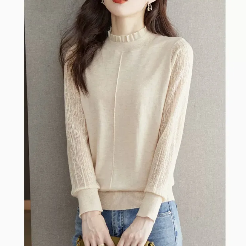 アウトレット 秋冬 ニット レース ベース irt f ハイカラー トップ レイヤード服 韓国風 スリ ルーズフィット ロングスリーブ