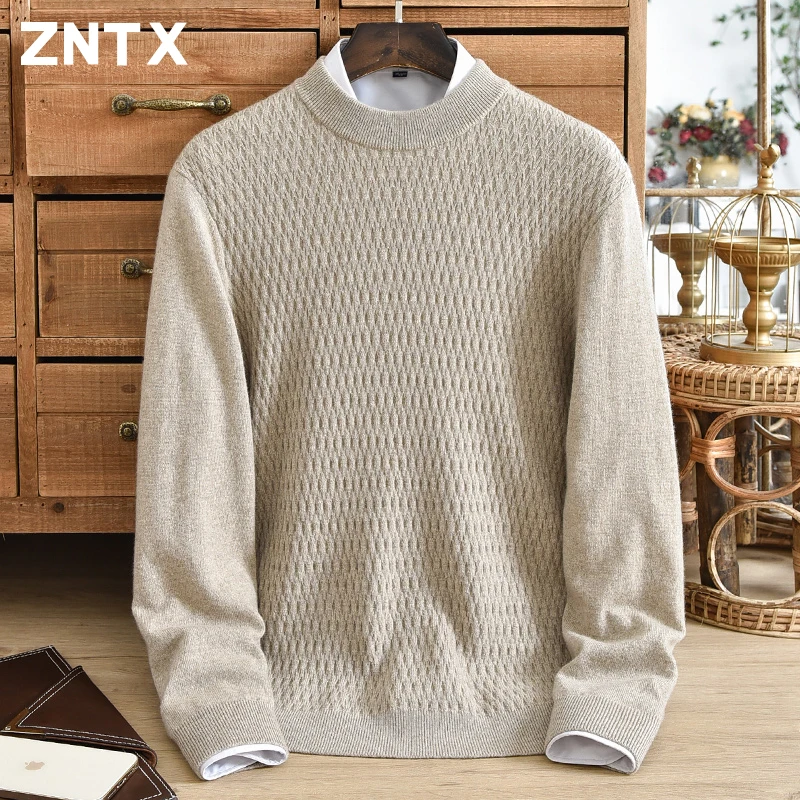 Men\'s 100% pure cashmere sweater with half high collar and thick stripes for winter warmth cover, middle-aged knitted sweater