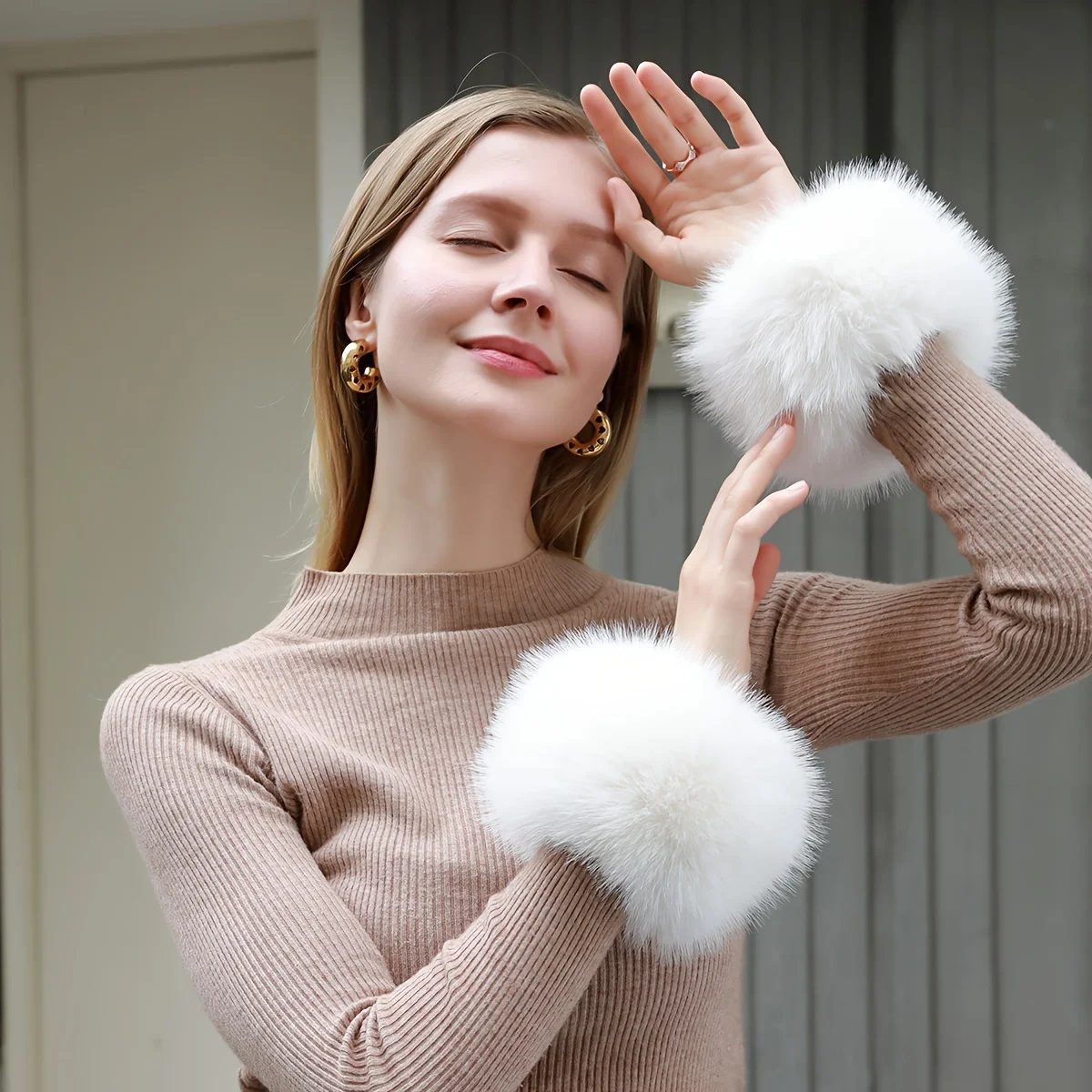 Winter Schal Manschetten Stirnband Set Einfarbig Faux Pelz Plüsch Stirnband Weiche Warme Pelzigen Schal Nette Ärmel Für Frauen Winter Im Freien – Detail 9