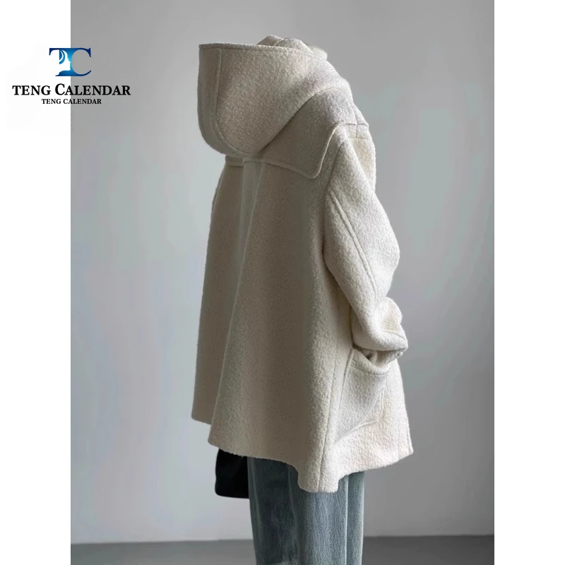 Imitation Lamb Fur Coat, Milk White Cowhide Button Medium Length Woolen Coat, Women's Autumn and Winter 2024 New Model