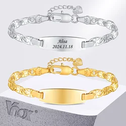 Vnox Free Custom Birthdate Name Bracelets for Baby Girls Boys, Polished Metal Plate Bracelets, Adjustable Baptism Gift