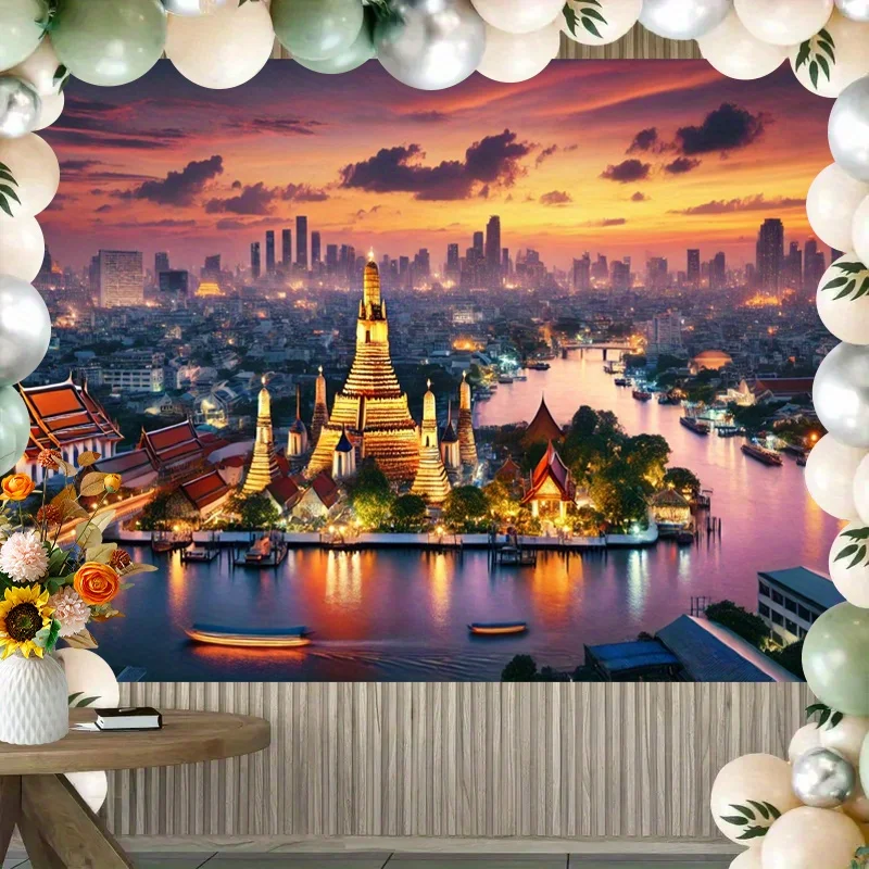 Bangkok Night View Tapestry Golden Pagoda and FloatingBoats Suitable for Weddings Birthdays Ceremonies and Thai Style Decoration