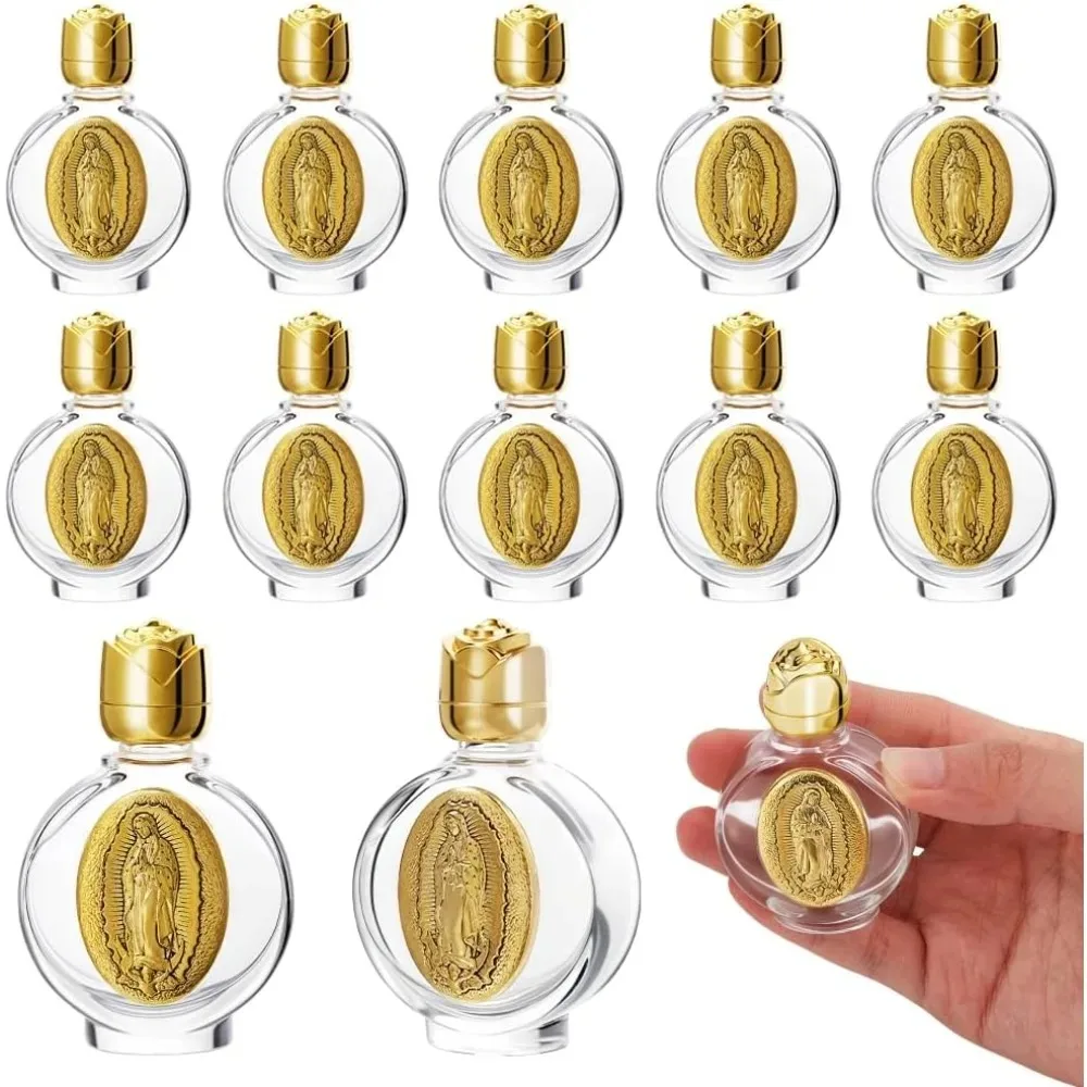 12/2Pcs Holy Water Bottles 0.5 Floz Embossed Portable Empty Glass Travel Bottles with Lid Little Bottle Church Decorations