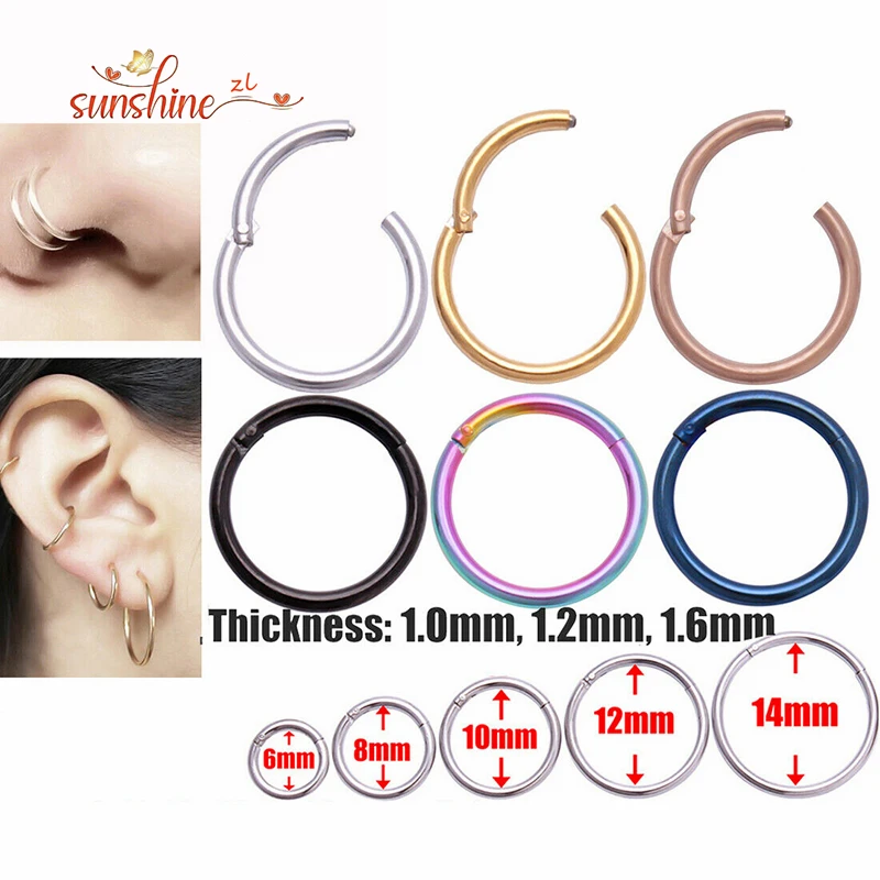 6/8/10/12/14mm Nose Ring Hinged Clicker Segment  Helix Cartilage Septum Hoop Surgical Stainless Steel Seamless Earrings Piercing