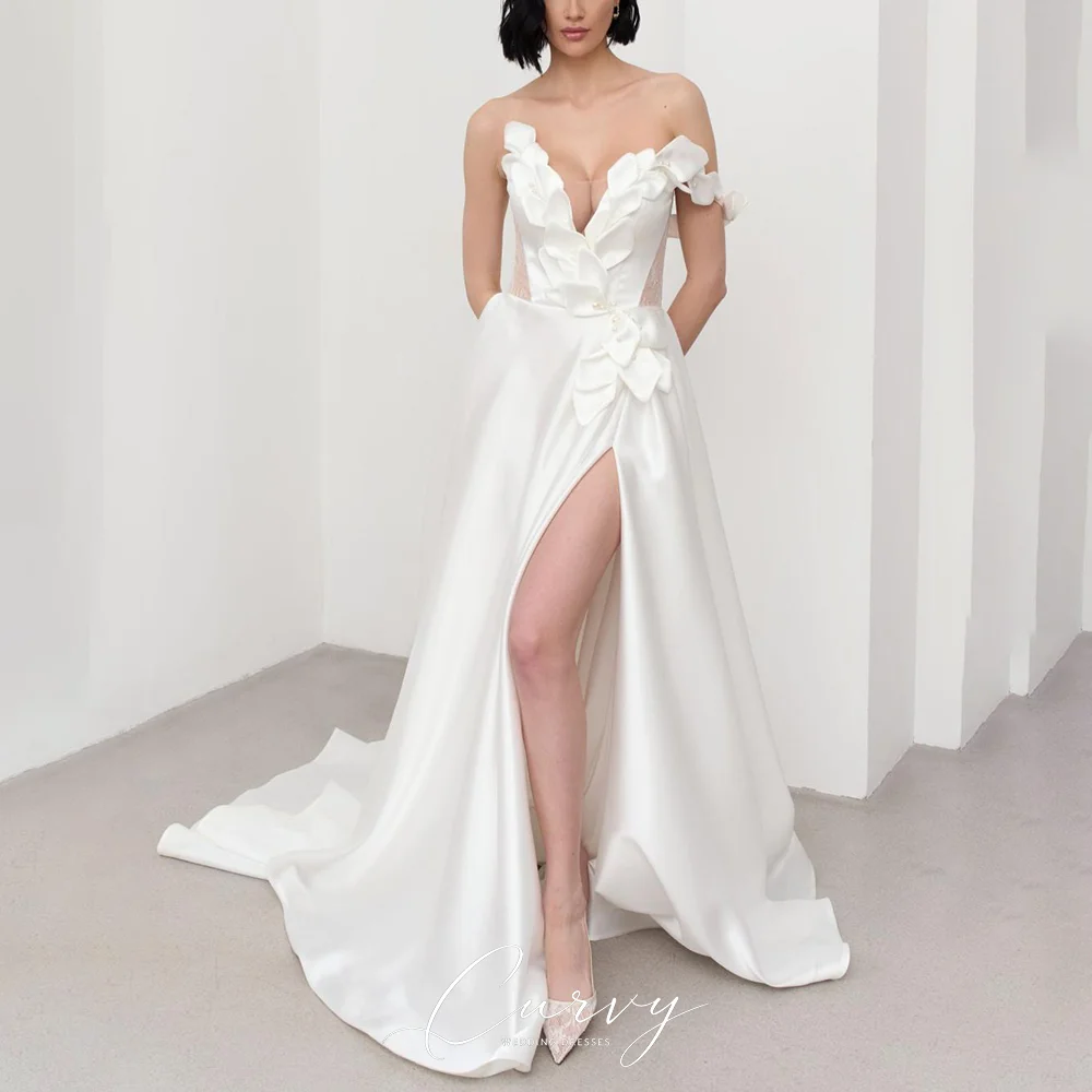 Curvy Elegant Satin A‑Line Wedding Gown Off‑Shoulder Deep V Neck Sheer Lace Pearls Detail High‑Slit Garden Wedding Party 2026