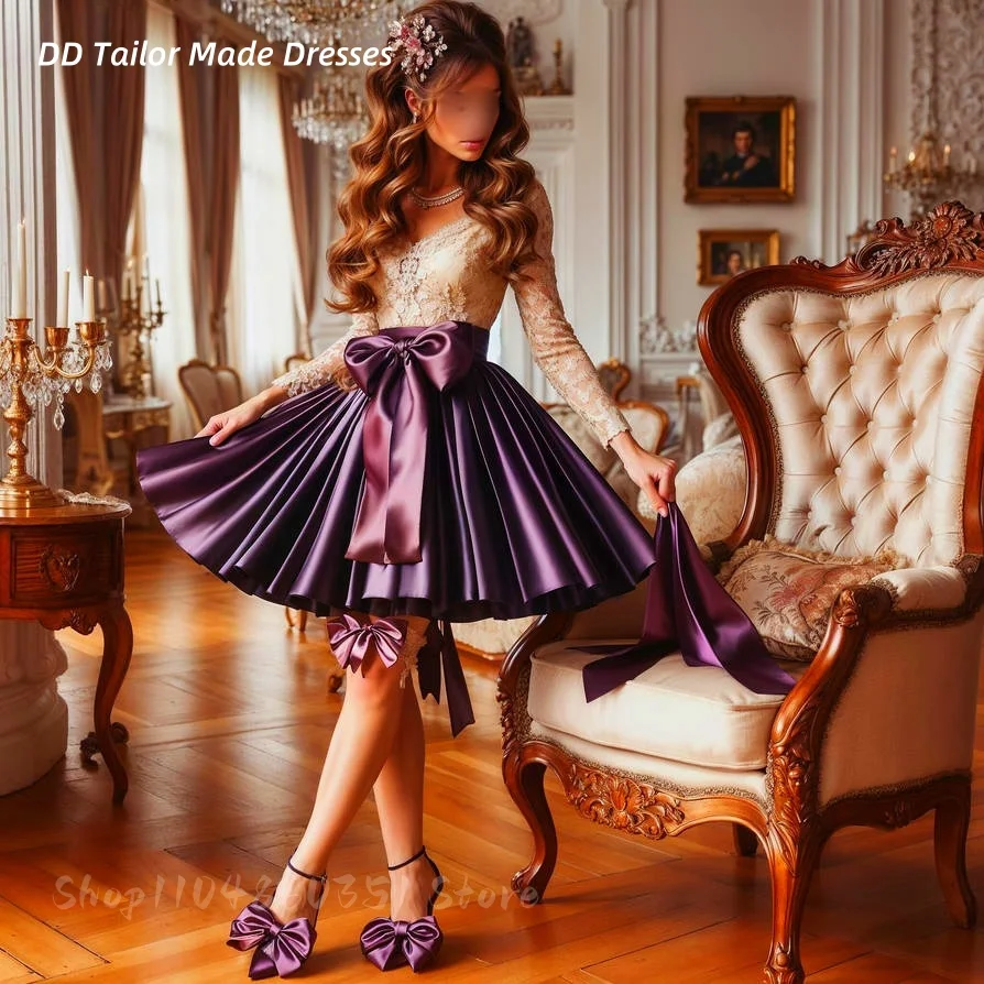 

Simple Short A-Line Prom Dress Champagne Lace With Purple Satin Long Sleeves Birthday Party Homecoming Gown Customized