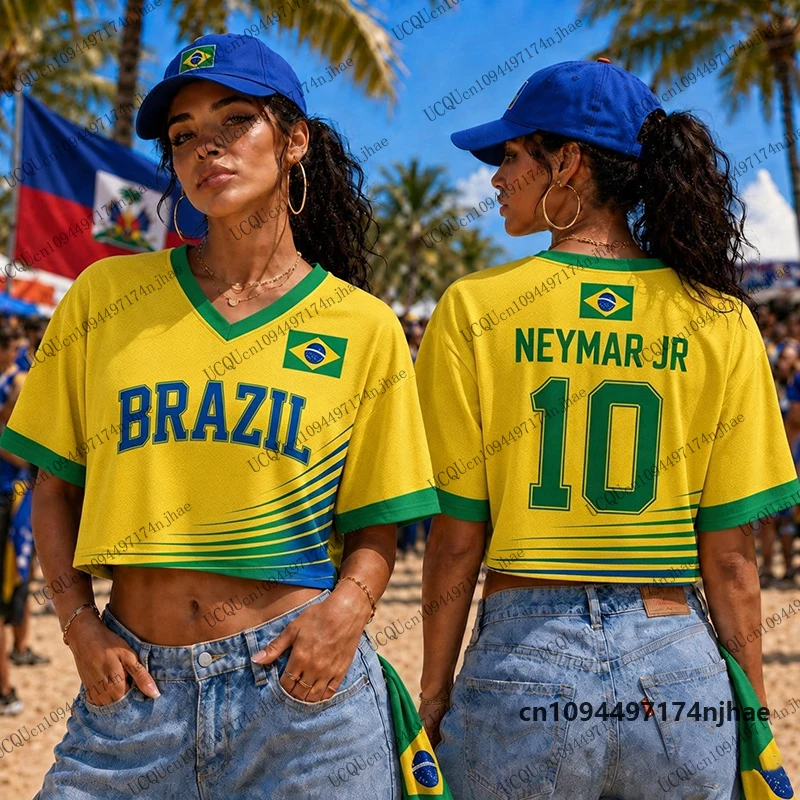 Summer New Brazil Neymar #10 Print T-shirt For Women Short Sleeve Sexy Crop Top Football Jersey Y2k V-neck Tees Casual Tops