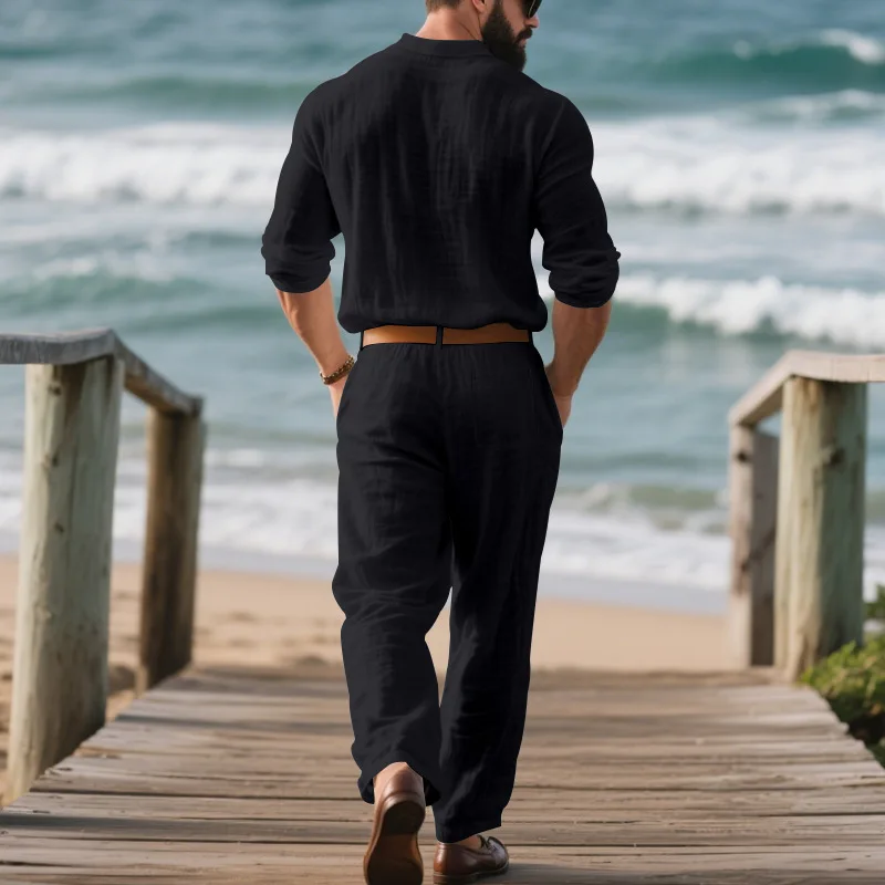 Sommer Herren Leinen 2-Teiliges Set Langarm Poloshirt Hose Einfarbig Lässig Atmungsaktiv Leicht Pendler-Outfit – Detail 12