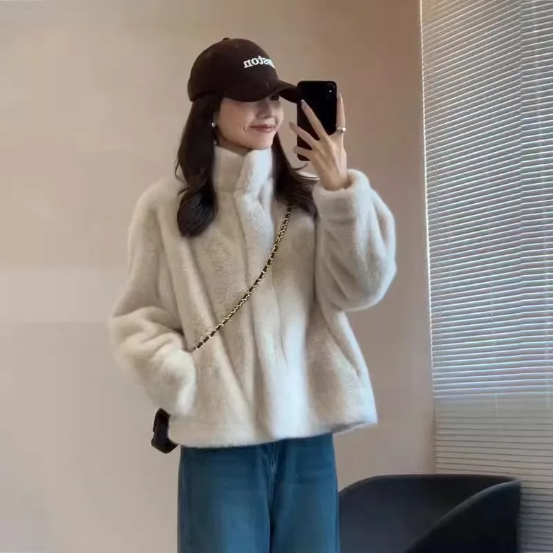 

2025 new mink jacket with stand up collar and environmentally friendly fur for women's winter thick fur integrated plush jacket