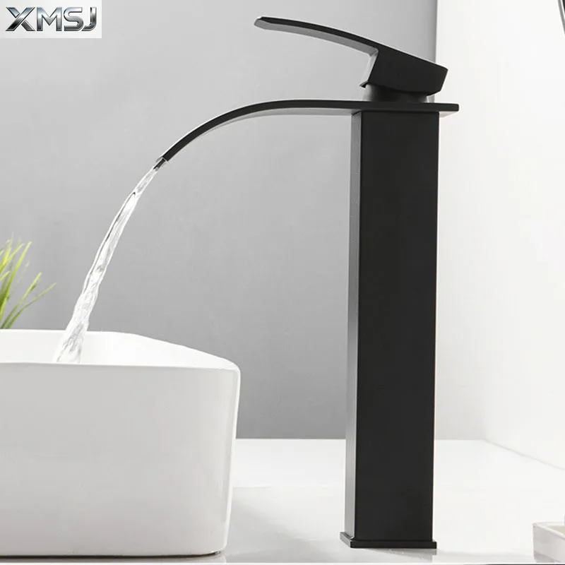 

Black Stainless Steel Basin Faucet Waterfall High Style Wash Hot and Cold Mixer Faucets Sink Faucets Countertop Installation