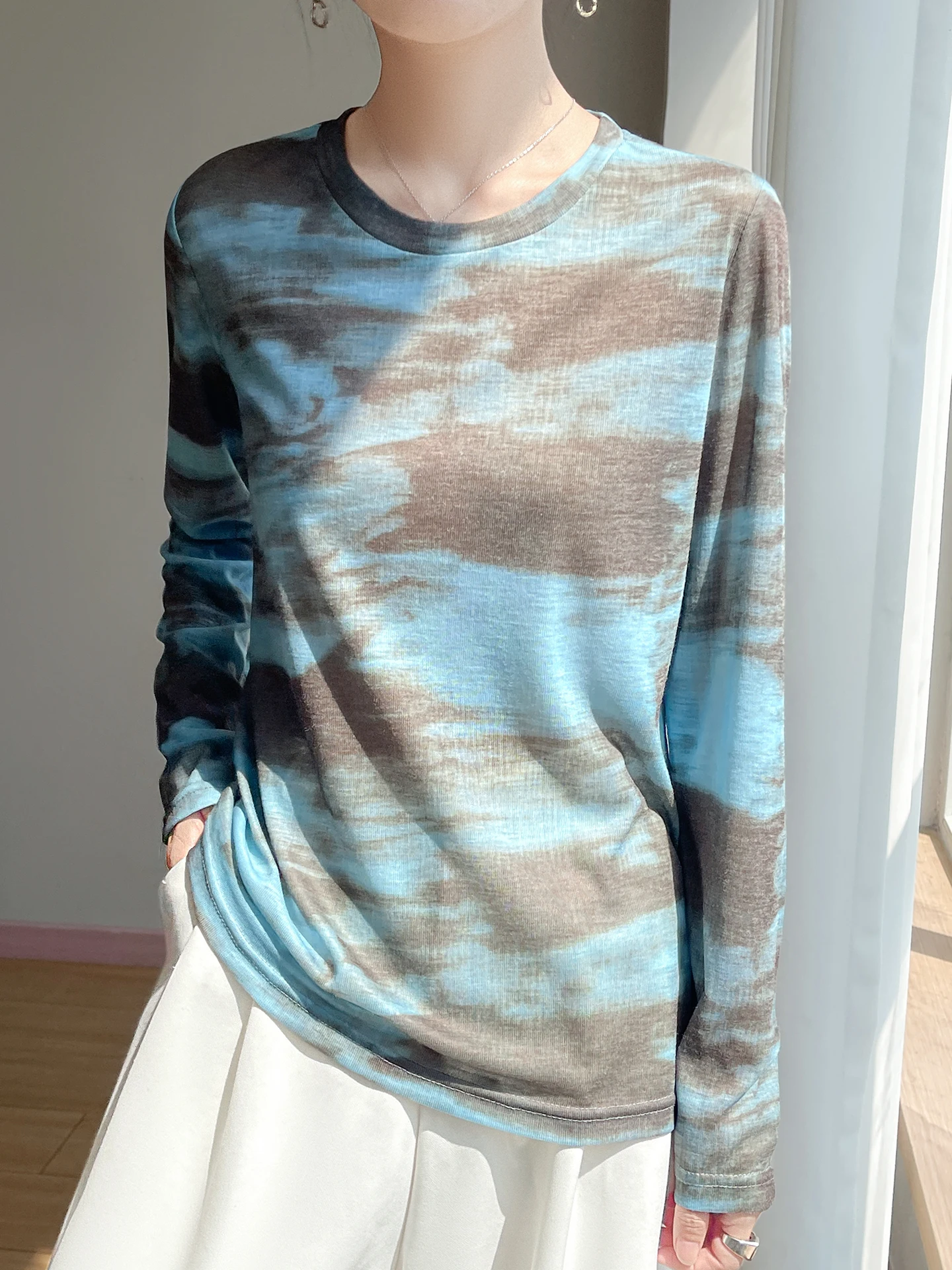 Lace Long Sve Damen-Strick-T-Shirt, runder Ne-Pullover, leicht, luxuriös, hautfreundlich, Base Irt, lässige, lockere Passform