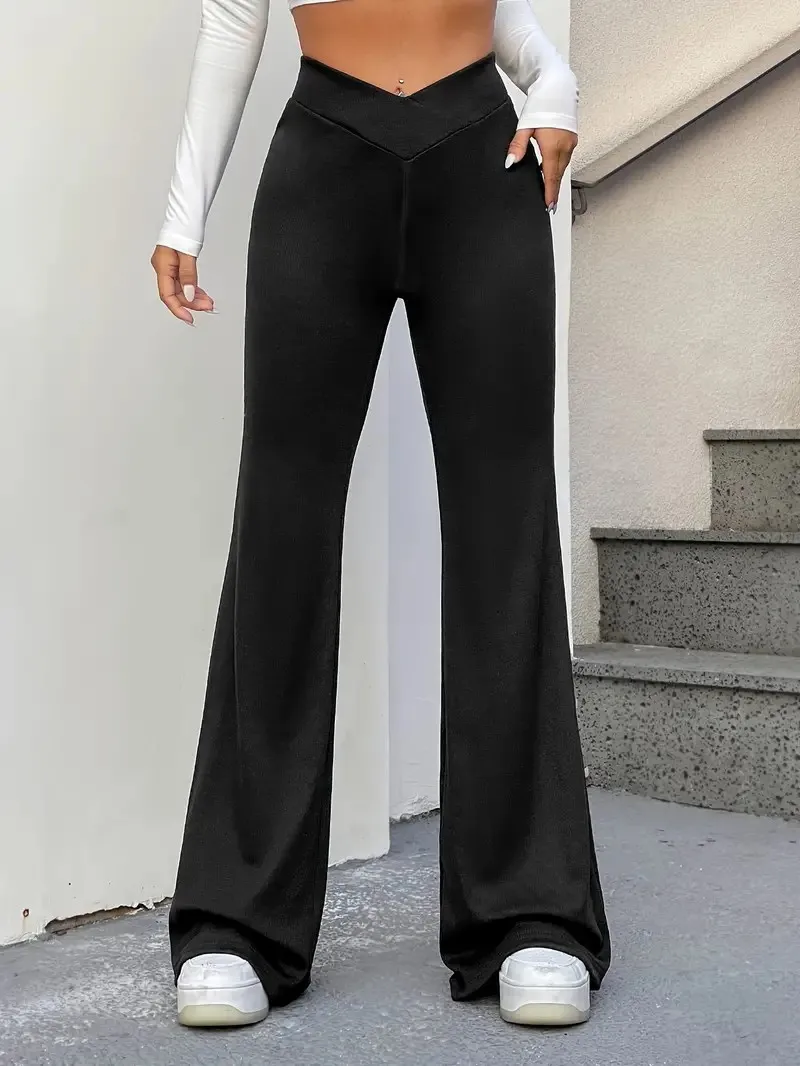 

High-Waisted Flare Leg Pants for Women Soft Mid-Elasticity Polyester Fabric Solid Color Cross Detail Young and Stylish Design