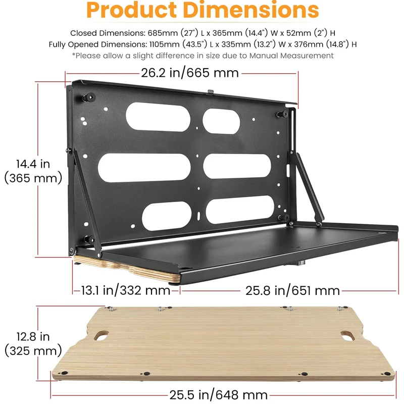 Table Pliable Tailgate Pour Jeep Wrangler JK - Support Coffre 62,74 X 31,24 X 3,81 Cm, Noir, Charge 34kg
