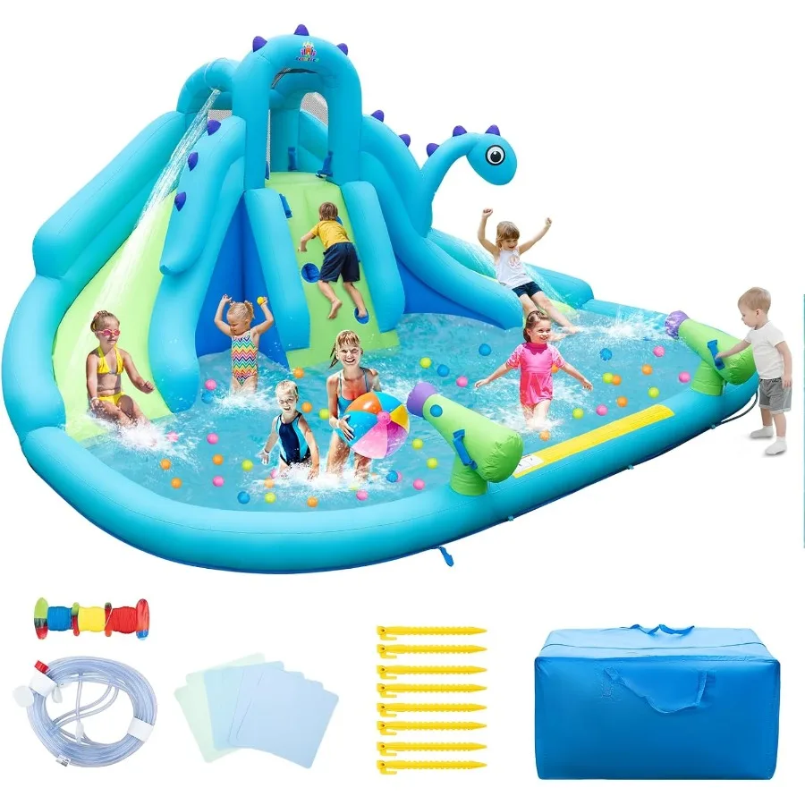 Scivolo gonfiabile per acqua, parco per casa con rimbalzo d'acqua di dinosauro per bambini e adulti all'aperto, scivoli doppi e piscina antispruzzo, combinato asciutto e bagnato B