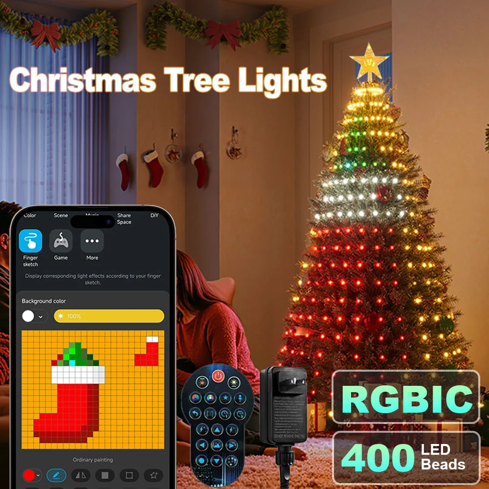 400 المصابيح الذكية أضواء شجرة عيد الميلاد الجنية أضواء LED مع ستار توبر DIY بها بنفسك تغيير لون التطبيق عن بعد لديكور شجرة عيد الميلاد