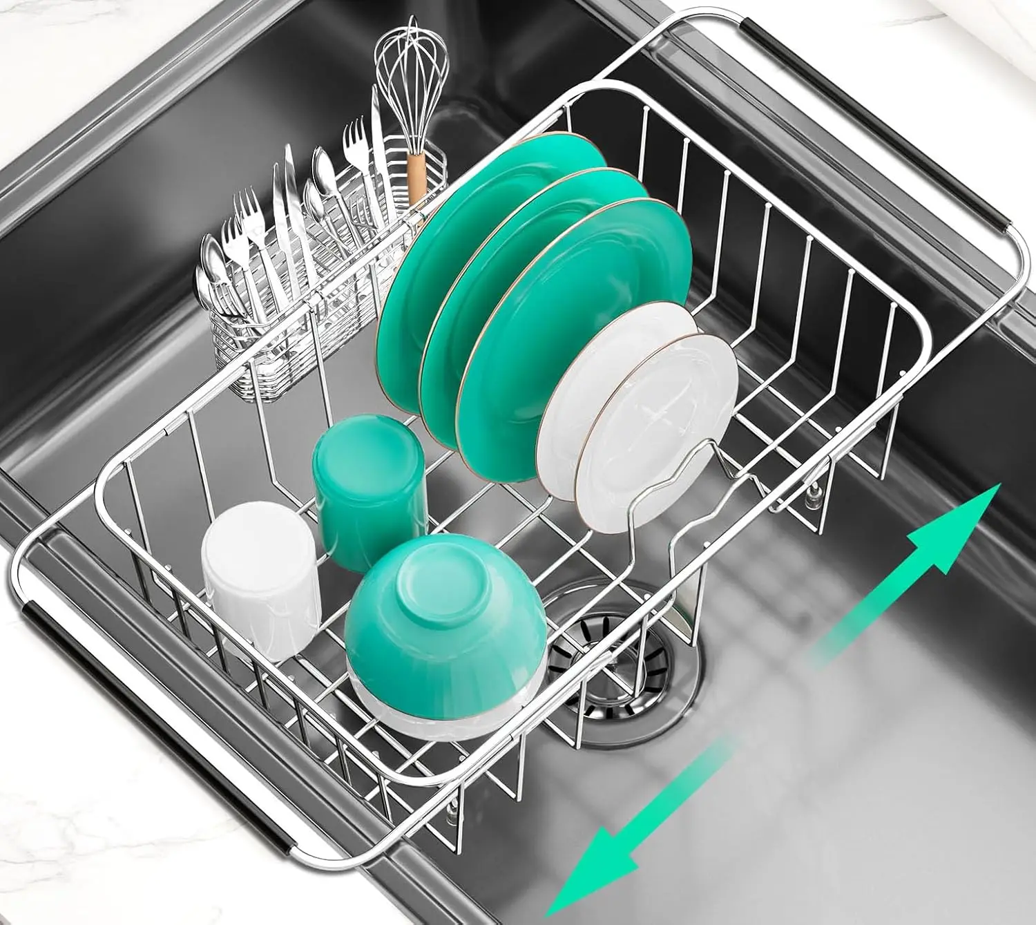 

Dish Drainer Rack in Sink Adjustable, Expandable 304 Stainless Steel Metal Dish Drying Rack Organizer with Stainless Steel Ut
