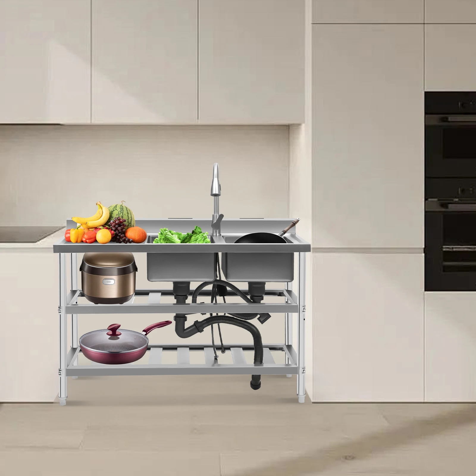 حوض مطبخ حديث من الفولاذ المقاوم للصدأ 201 قائم بذاته مقاس 120 × 45 × 81 سم مع صنبور مياه ساخن وبارد قابل للسحب