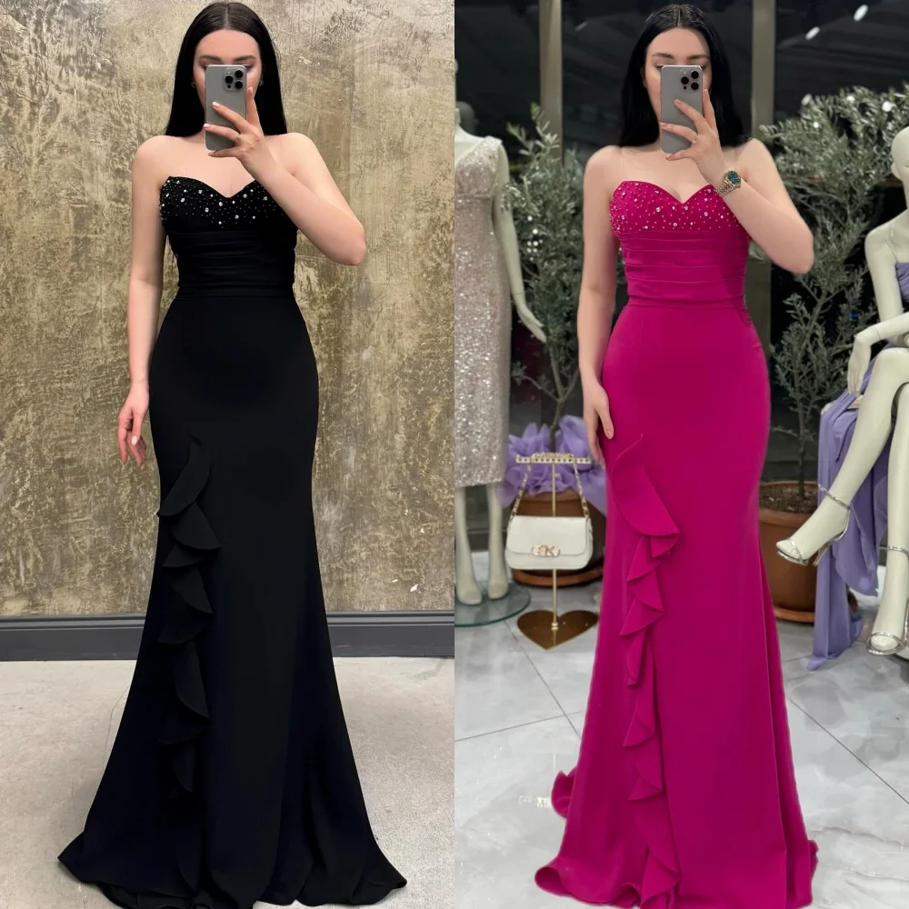 

Customized Modern Style Sexy Jersey Beading Sequined Ruched Mermaid Strapless Long Dresses Bespoke Occasion Dresses High Quality