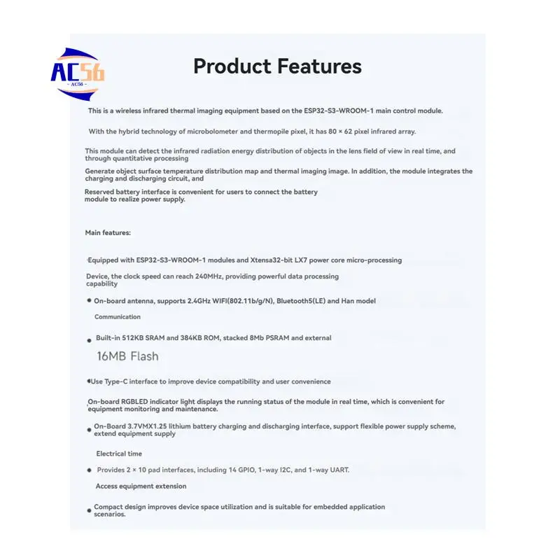 

AC56-Esp32-S3 Wifi Infrared Thermal Imaging Module Esp32 Serial Wifi RGB Development Board 80X62 Pixel Infrared Array