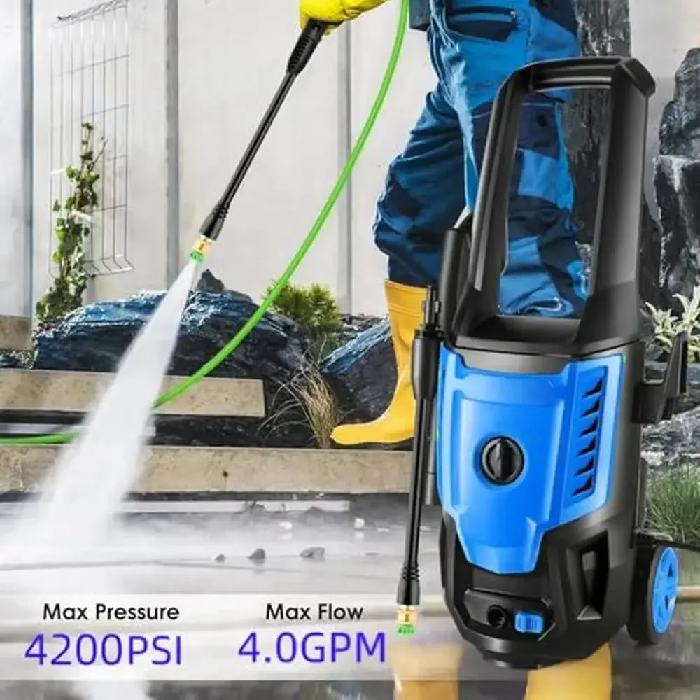 High Power Electric Pressure Washer 4200 PSI 4.0 GPM Adjustable Nozzle Soap Bottle Metal Connector 33ft Hose Easy Assembly