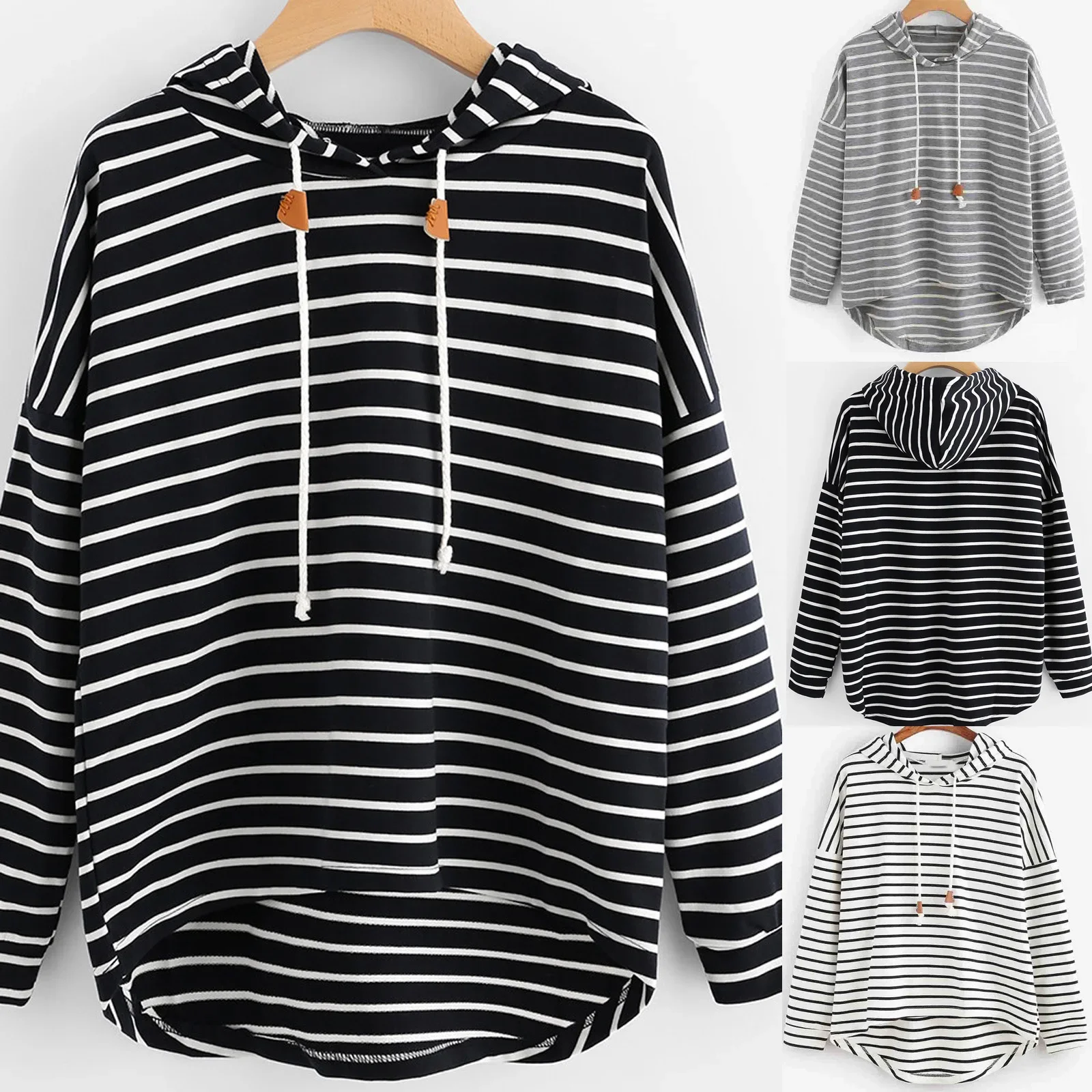 

Women Y2k T-Shirts Spring Autumn Winter New Hooded Striped Loose Long Sleeve Tees Work Tops Lace Up Basics Tops Streetwear