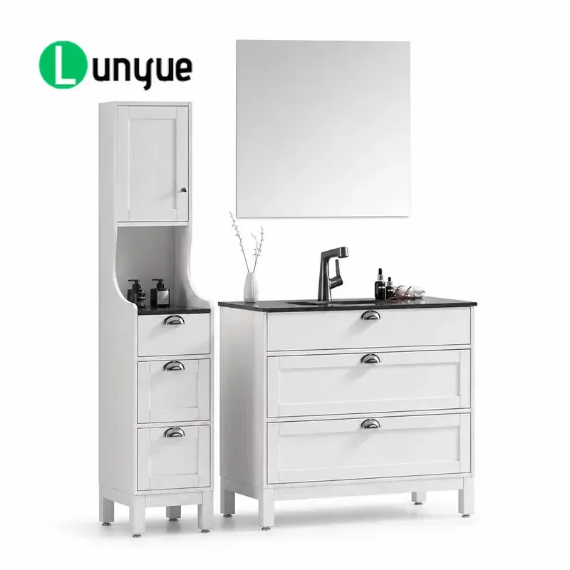 Custom Floor to Ceiling Bathroom Vanity with Side Cabinets Frameless Mirror Customizable Size Design Modern Storage Solution