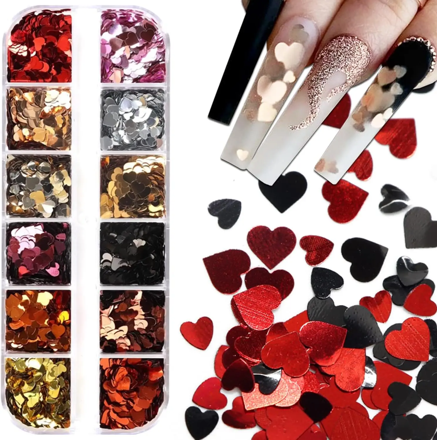 

Valentine's Day 12-Grid Heart-Shaped Colorful Nail Art Glitter Wholesale - Mixed Size Heart Nail Flash Sequins Decoration in Box