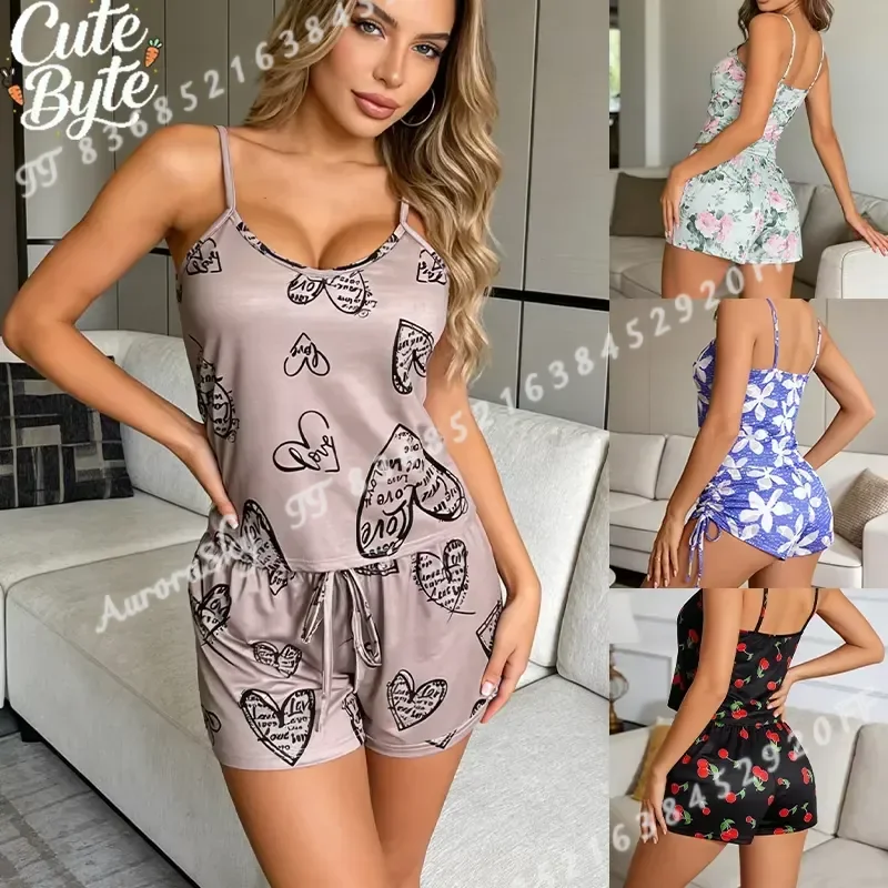 Women Sexy Satin Pajama Set Print Round Neck Ice Silk Top T Shirt and Shorts Breathable Comfortable Home Wear New