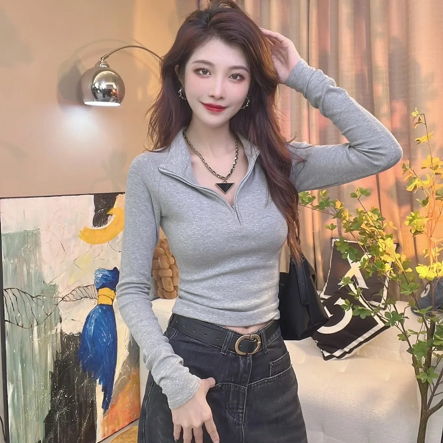 Woman Tshirt Slim Polo Neck T Shirt for Women Autumn Winter New Shirts Cheap Tops Original Korean Clothing Casual Trend 2025 In