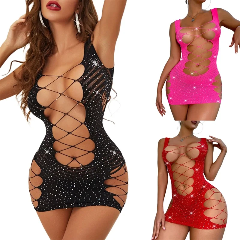 Women Lingerie Dress Rhinestone Cross Hollow Sling Exotic Body Female Short Night Dress Ladies Slim Slip Dress Nightwear