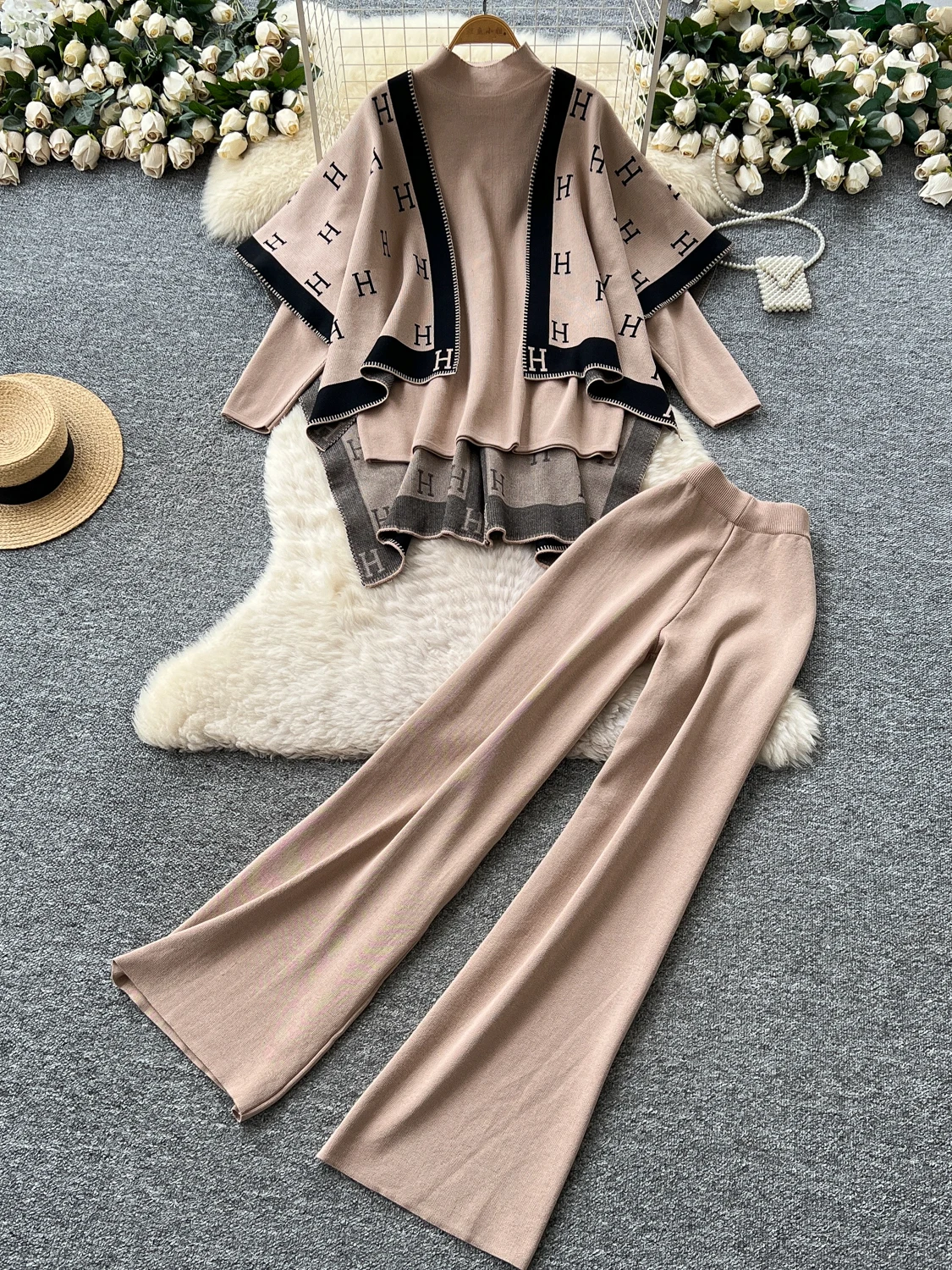 

Fashionable Color Block Loose Knitted Shoulder Wrap Outerwear High Collar Long Sleeve Top High Waist Wide Leg Pants Set