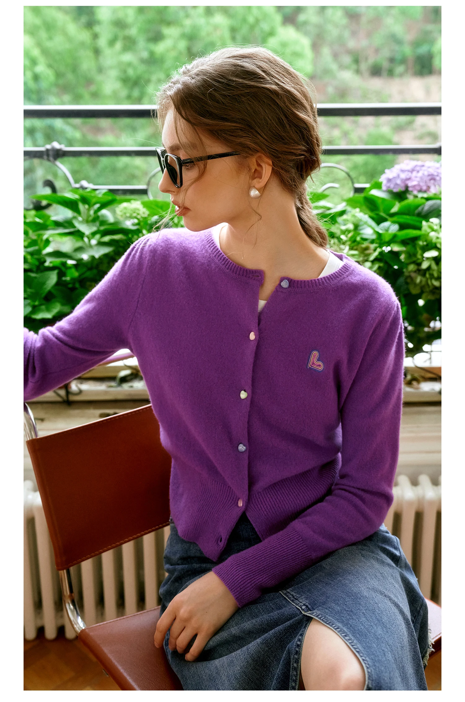 OLrain 女性長袖カーディガン 2025 秋のファッション紫ニット O ネックセーター刺繍スリムカジュアルトップ O24QZ83663