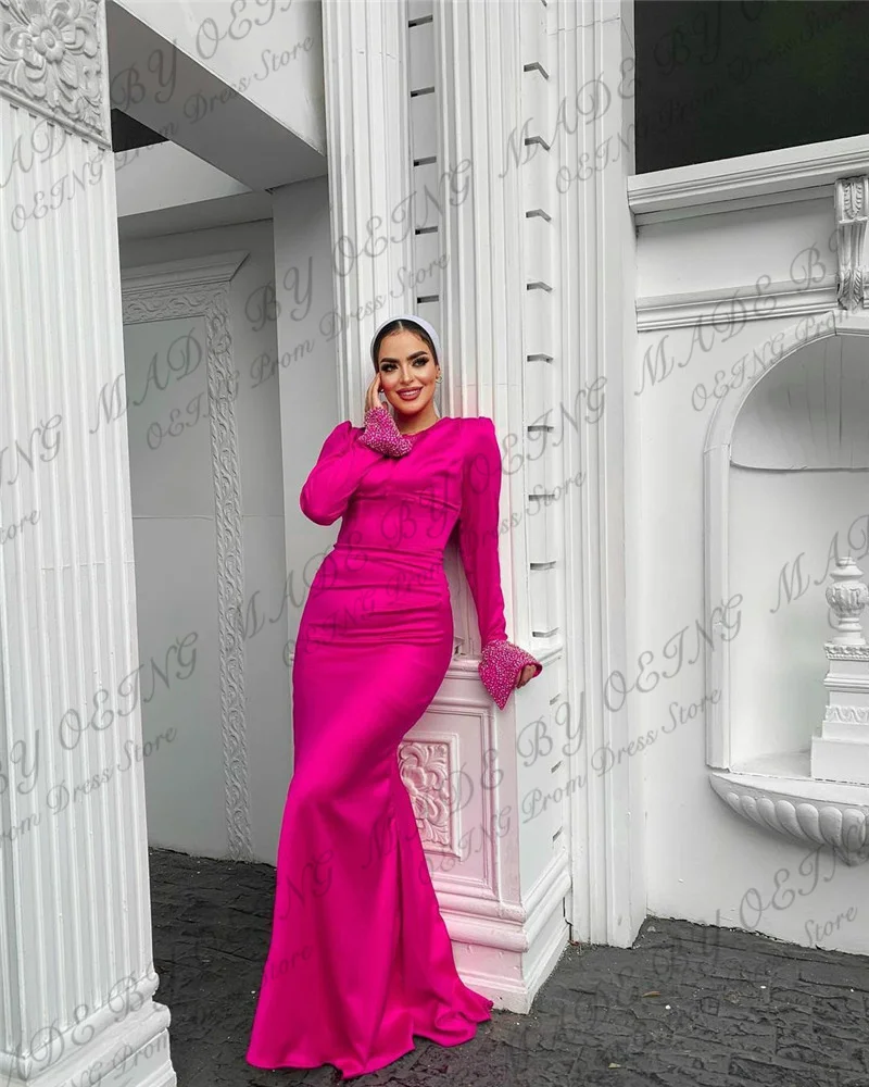 OEING Fuchsia Muslim Arabic Women Evening Dresses Long Sleeves Mermaid Party Prom Dress Robe Abaya Silk Elegant Club Gowns