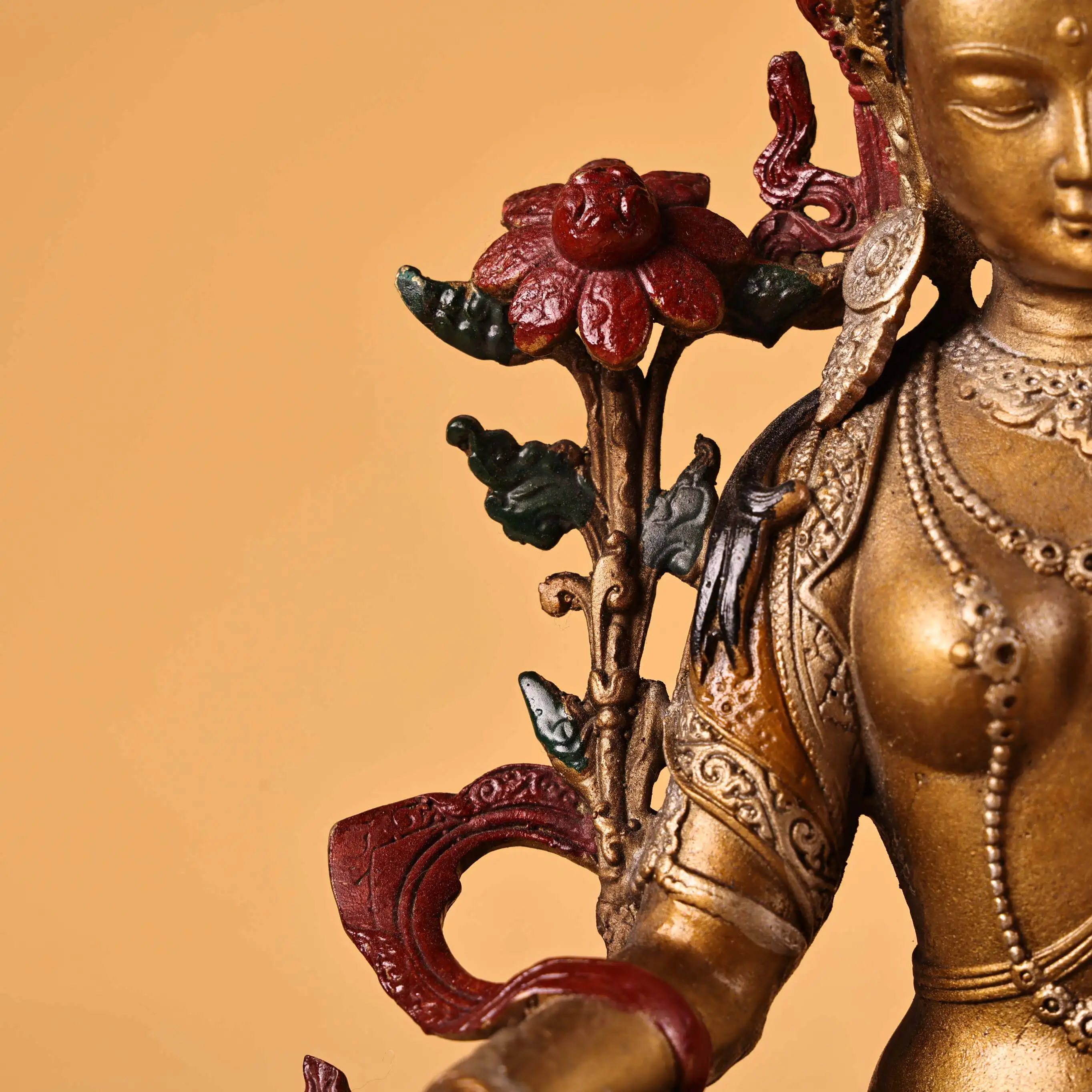 High Relief Green Tara Buddha Statue Painted Gold Tibetan Buddhist Altar Copper Craft Decor