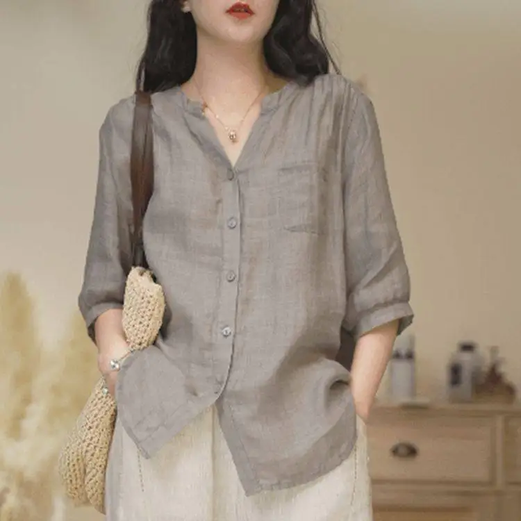 

Korean Chic Loose Women's Shirt Summer Minimalist Color V-Neck Diagonal Stripe Mid-Sleeve Fashionable Small Top