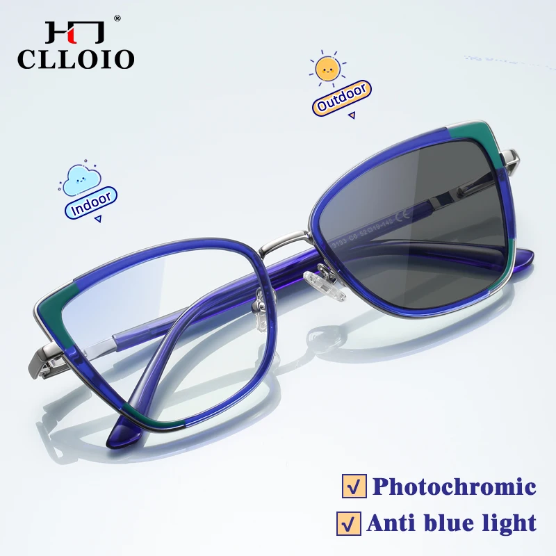 

CLLOIO Women's Oversize Cat Eye Fashion Eyewear Frames Anti-Blue Light Ray Glasses Photochromic Customizable Myopia Hyperopia