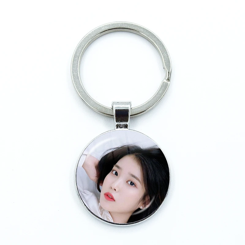 KPOP Singer IU Photo Keychain Glass Cabochon KeyRing Bag Car Key Chain Ring Holder Charms Jewelry Gifts