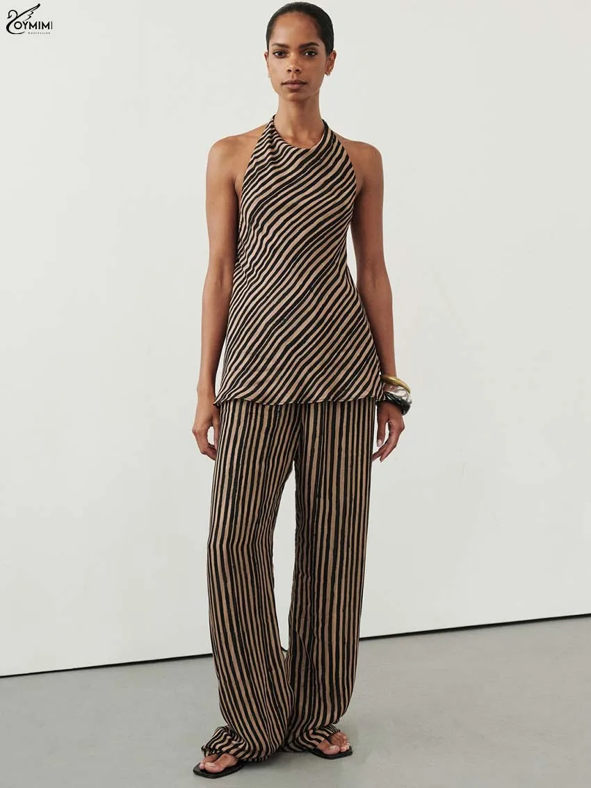 

Oymimi Casual Brown Print 2 Piece Sets Woman Outfit Fashion Halter Neck Open Back Blouses And Straight Full Length Pants Sets