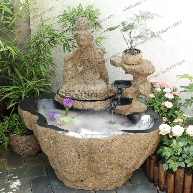 Flowing water Guanyin Buddha Zen rockery fountain courtyard villa floor-to-ceiling big fish pond circulating water decoration